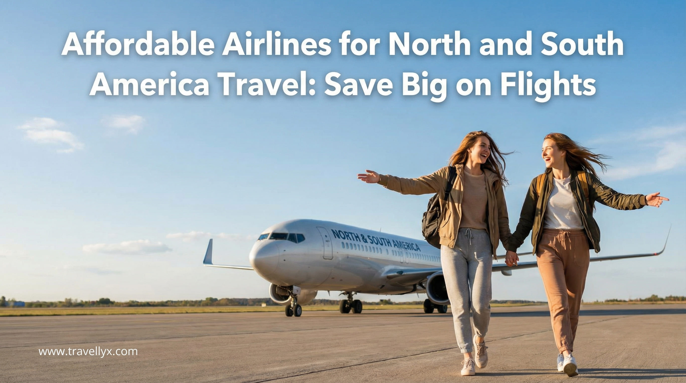 Two stylish young women smiling near an airplane at the airport, representing affordable airlines for travel across North and South America
