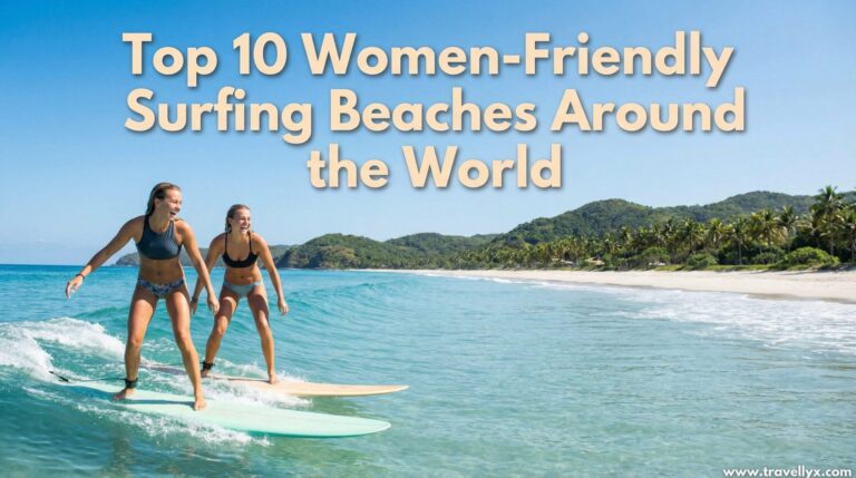 Two happy female surfers riding gentle ocean waves at a women-friendly tropical beach, wearing modest surf swimwear under a sunny blue sky