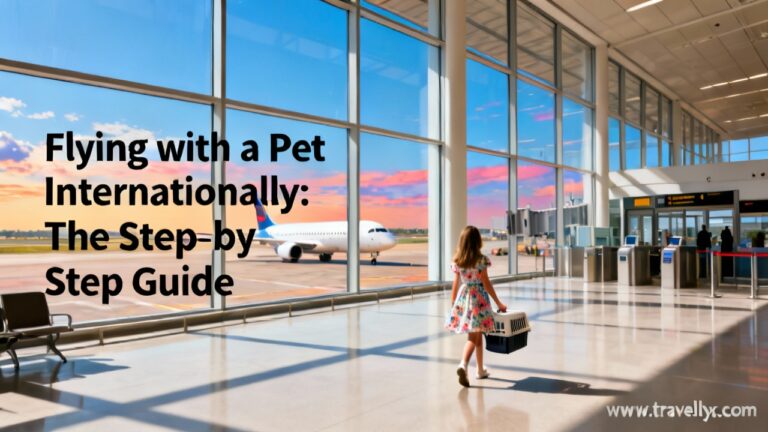 Woman traveling internationally with her pet dog at an airport, carrying a pet travel carrier and preparing for an overseas flight
