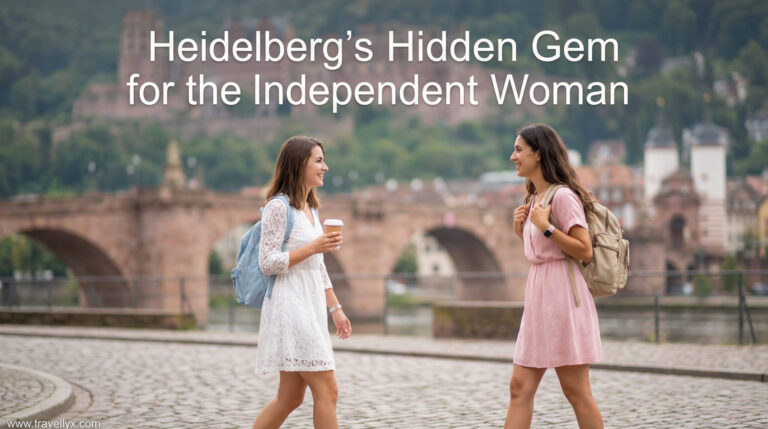 Independent woman traveler exploring a hidden street in Heidelberg, Germany, enjoying solo travel with confidence and elegance