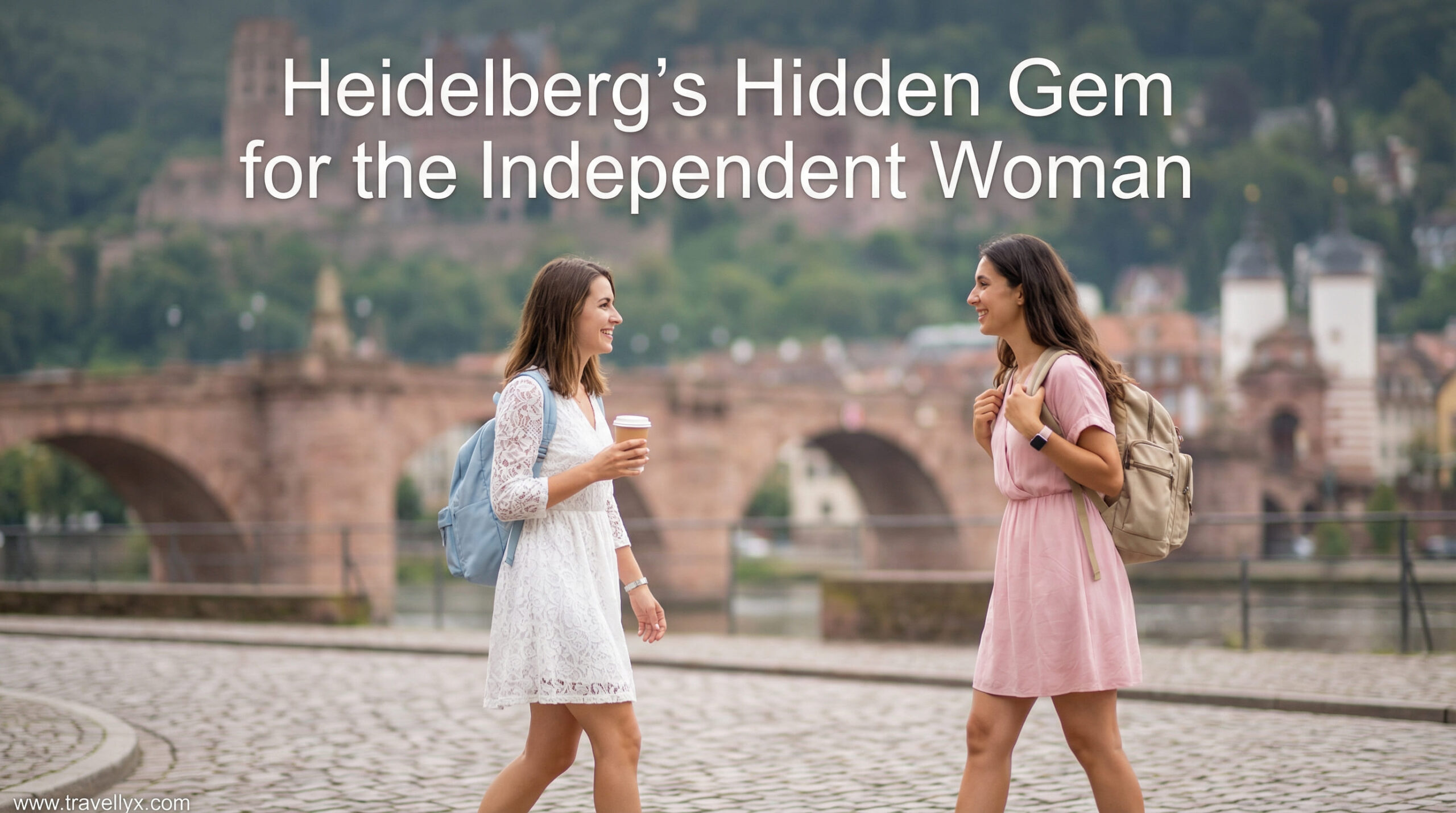 Independent woman traveler exploring a hidden street in Heidelberg, Germany, enjoying solo travel with confidence and elegance