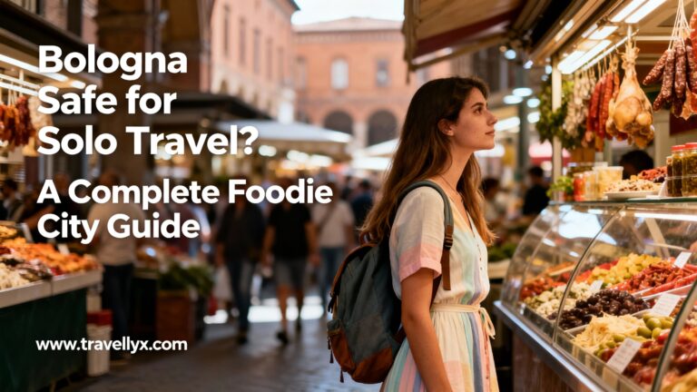 Solo female traveler exploring Bologna city streets, enjoying Italian food culture and historic architecture in a safe and walkable destination.