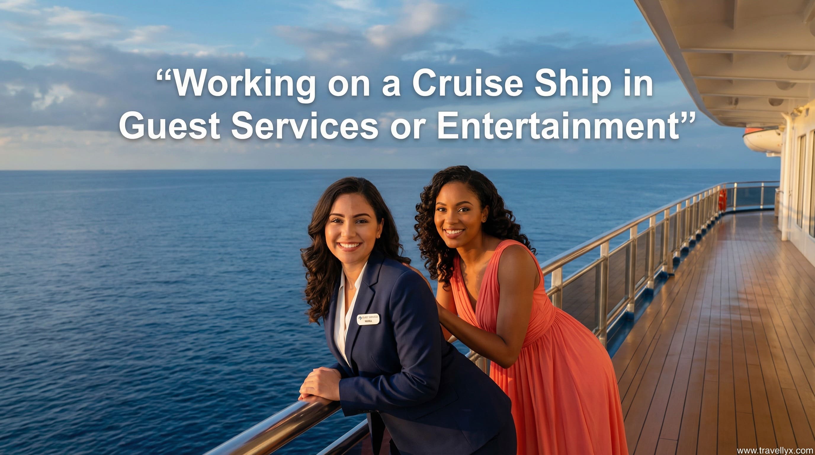 Young female cruise ship staff working in guest services and entertainment roles, wearing professional uniforms onboard a luxury cruise ship.