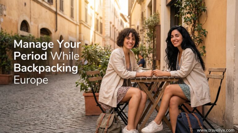 Two stylish young women backpacking in Europe, confidently traveling while managing their period with comfort and preparation.