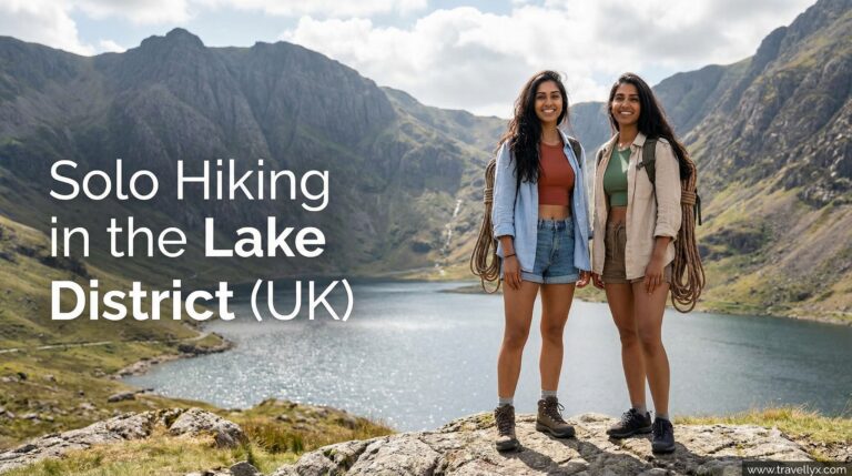 Solo hiking girl exploring the Lake District in the UK, enjoying scenic mountain trails, peaceful lakes, and confident solo female travel adventure.