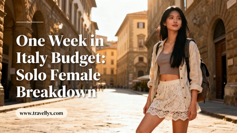olo female traveler exploring Italy on a budget, wearing stylish outfit while walking through a historic Italian city street during a one-week itinerary