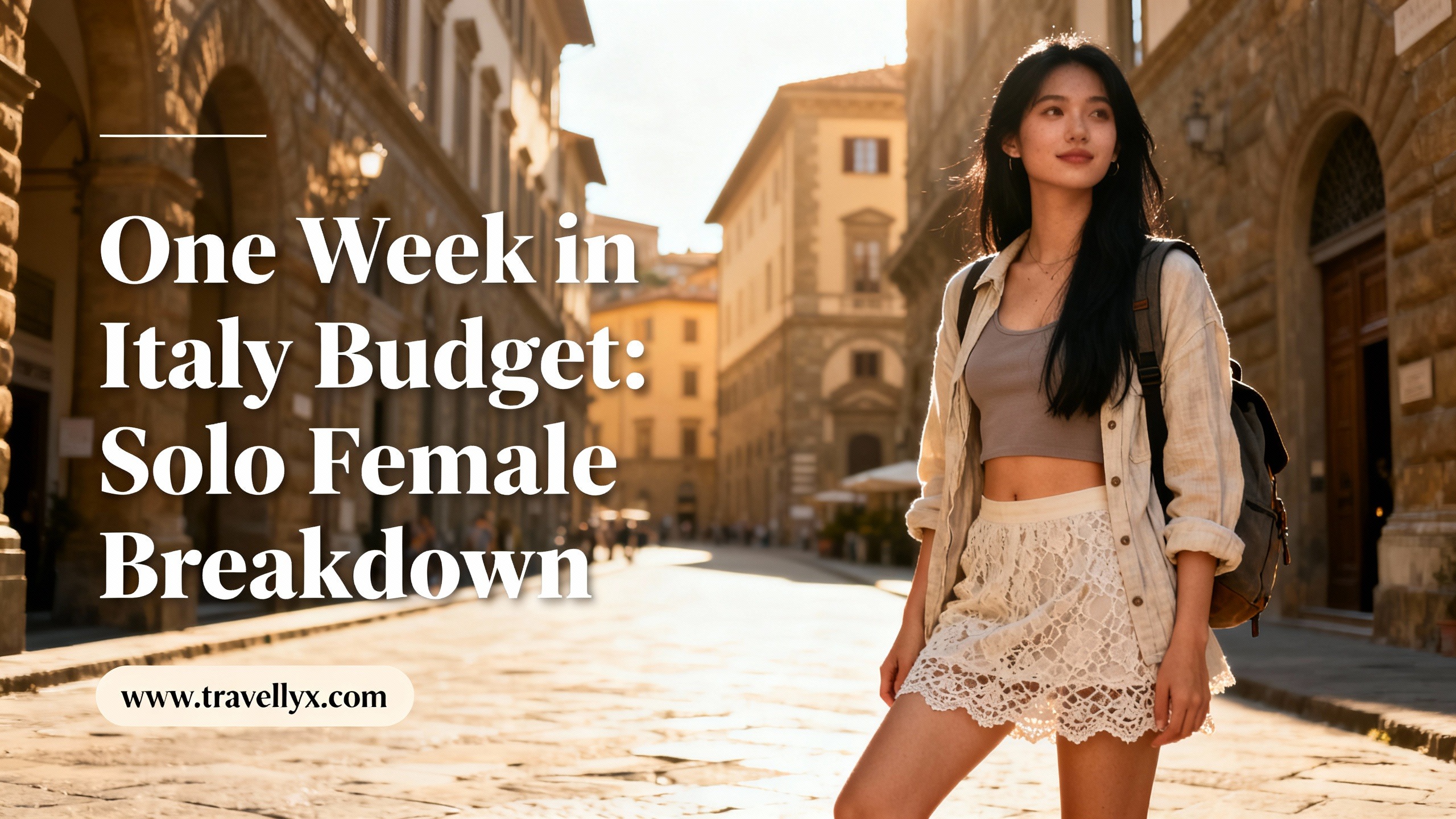 olo female traveler exploring Italy on a budget, wearing stylish outfit while walking through a historic Italian city street during a one-week itinerary