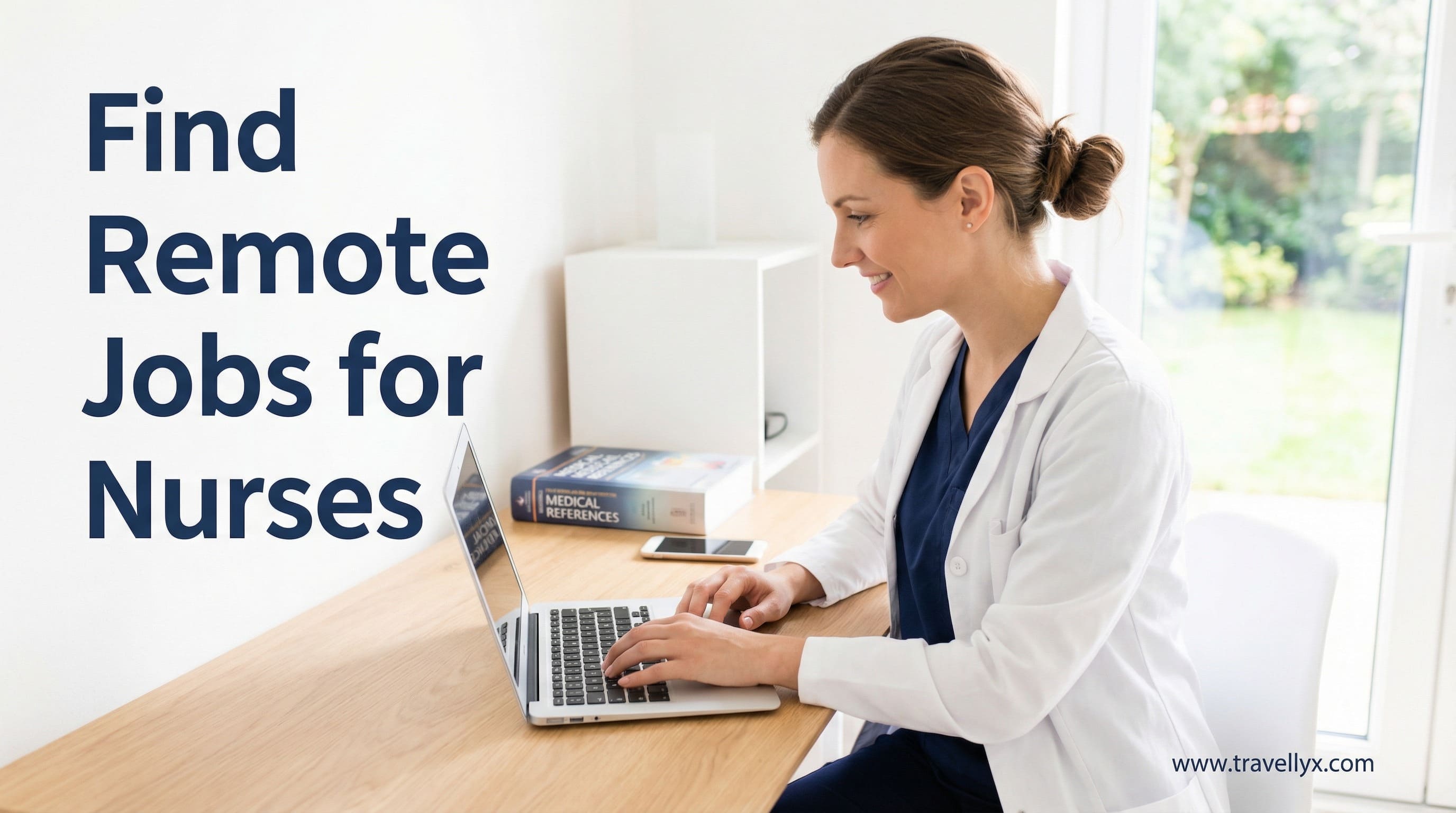 Remote jobs for nurses – a professional nurse working on a laptop from home, representing flexible online nursing careers and work-from-home healthcare opportunities.