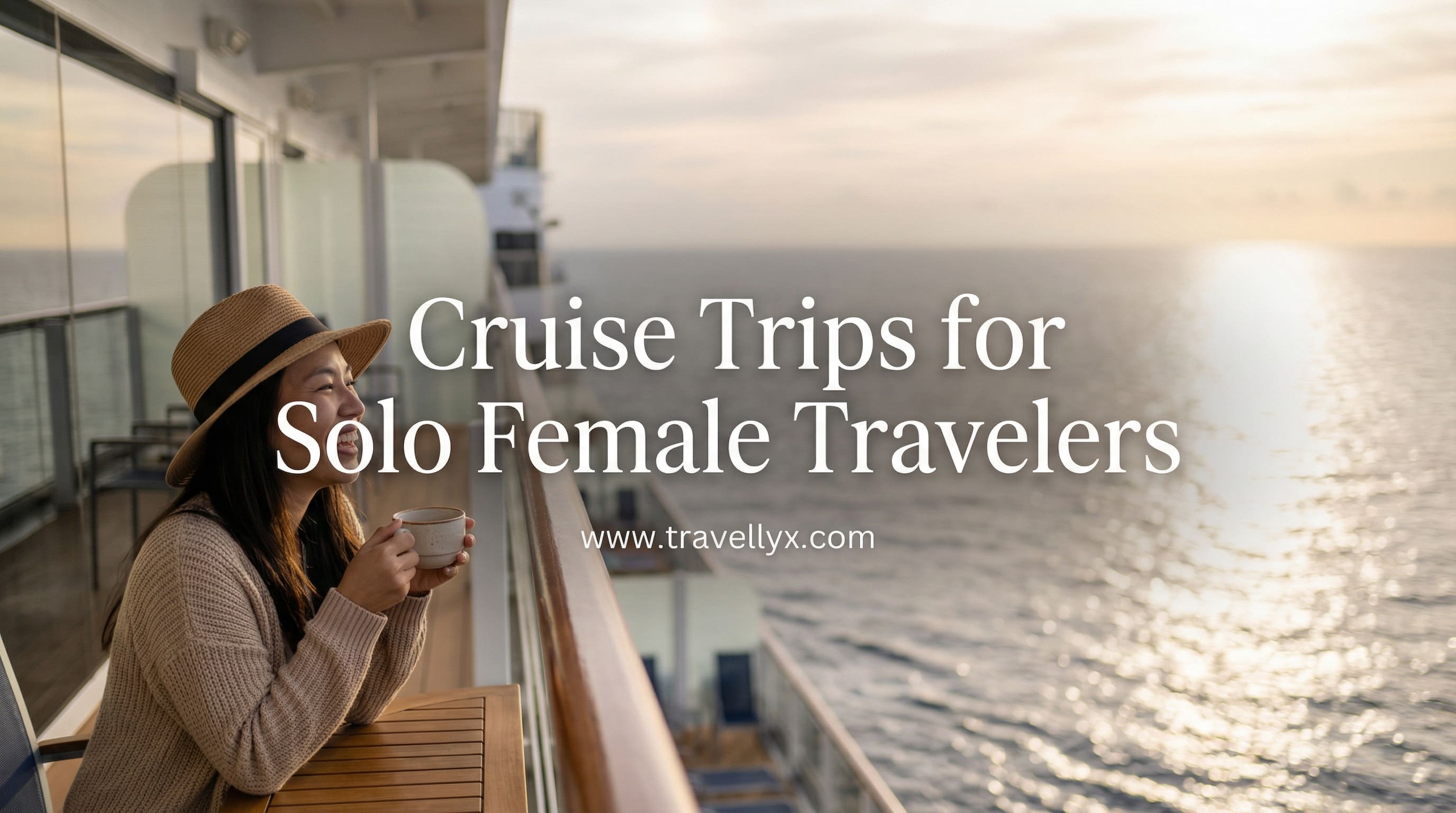 Solo female traveler enjoying a luxury cruise trip, standing confidently on a cruise ship deck with ocean views, showcasing safe and stylish cruise travel for women