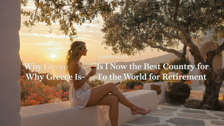 Elegant mid-aged woman enjoying retirement life in Greece, sitting in a beautiful Mediterranean garden and drinking wine at sunset.