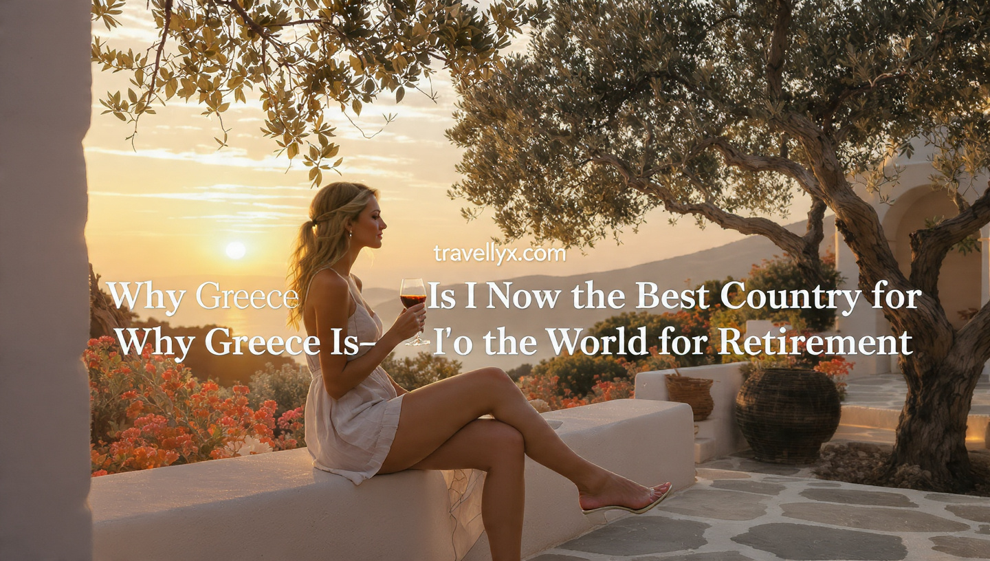 Elegant mid-aged woman enjoying retirement life in Greece, sitting in a beautiful Mediterranean garden and drinking wine at sunset.