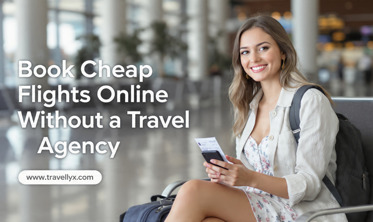 Young modern female traveler booking cheap flights online on her smartphone at an airport without using a travel agency
