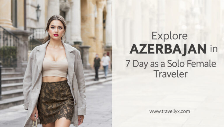 Solo female traveler exploring Baku, Azerbaijan, wearing a stylish outfit while walking through the historic city streets during a 7-day Azerbaijan travel itinerary.