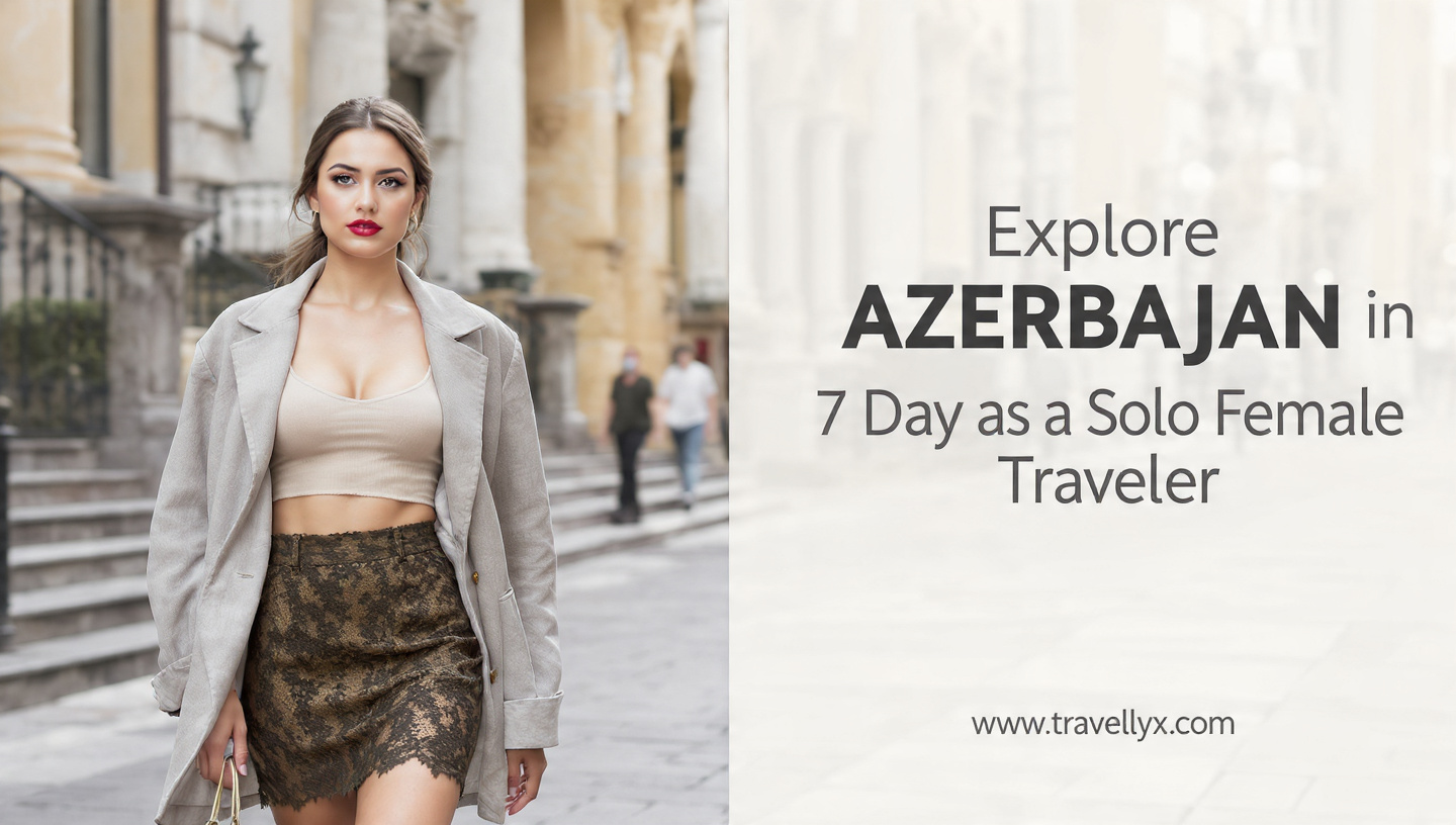 Solo female traveler exploring Baku, Azerbaijan, wearing a stylish outfit while walking through the historic city streets during a 7-day Azerbaijan travel itinerary.