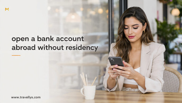 Modern stylish female traveler using a mobile banking app in a café while traveling abroad, representing opening a bank account without residency.