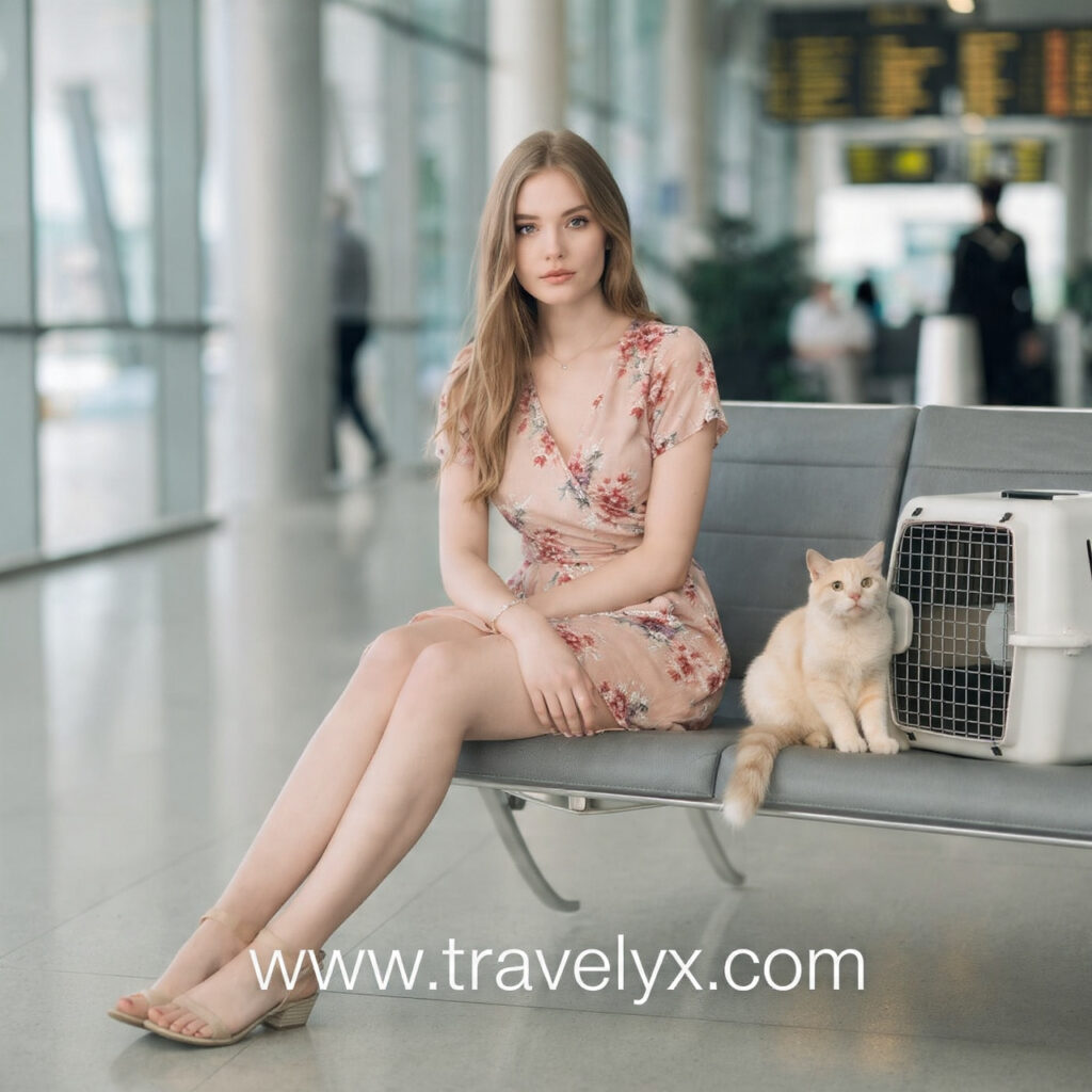 Best pet-friendly airlines in Europe blog cover featuring a stylish woman waiting at an airport with pet travel theme.
