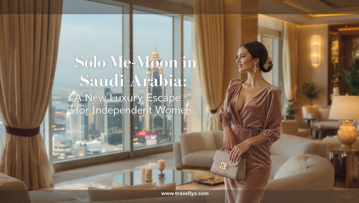 Luxury solo female traveler enjoying a five-star hotel stay in Saudi Arabia, wearing an elegant velvet dress, representing a premium me-moon travel experience for independent women.