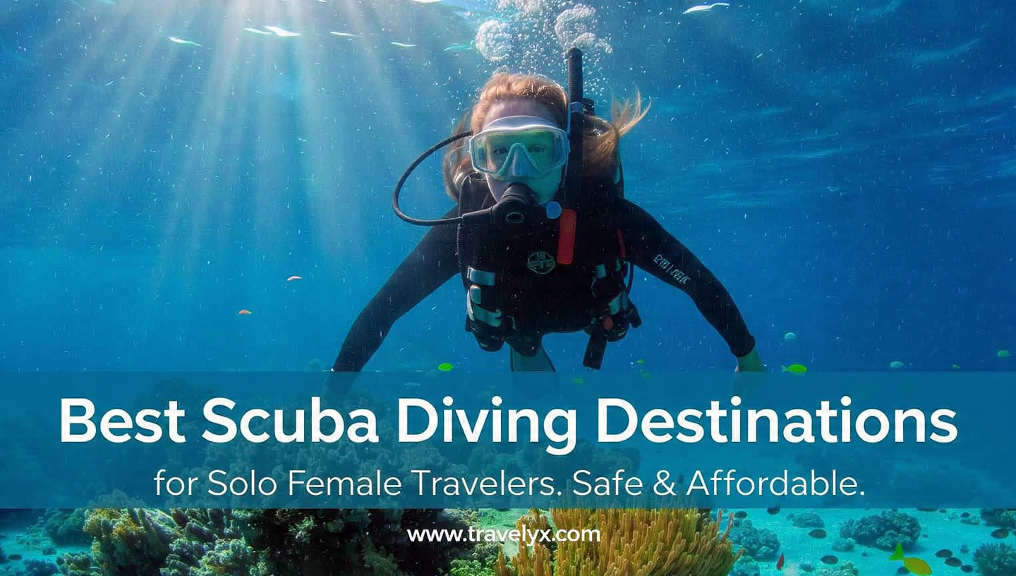 Solo female traveler scuba diving in crystal-clear tropical waters, exploring colorful coral reefs at a safe and affordable diving destination.