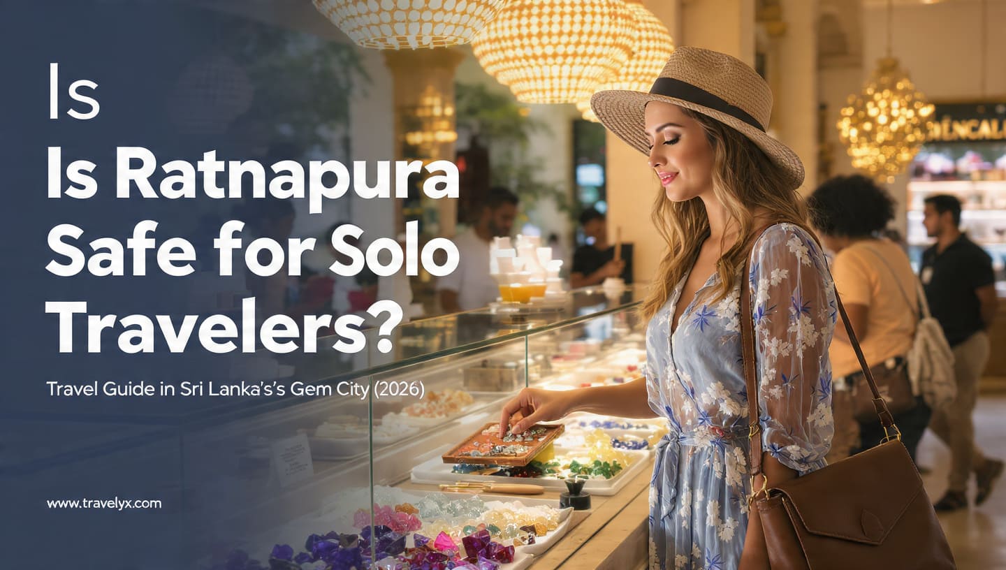 A solo female traveler exploring a modern gemstone shop in Ratnapura, Sri Lanka, wearing a blue floral dress and hat, surrounded by people buying gemstones.