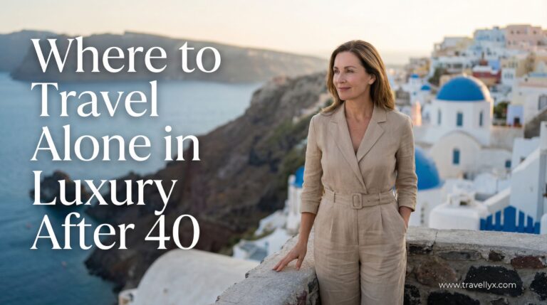 Confident woman over 40 enjoying solo luxury travel on a scenic hotel balcony, wearing an elegant dress with a panoramic city and ocean view.