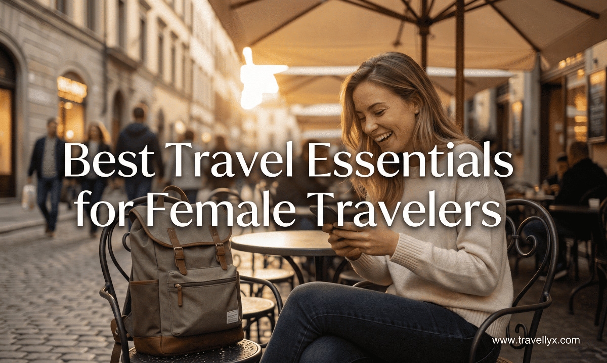 Best travel essentials for female travelers including backpack, passport holder, travel organizer, stylish outfit, and safety accessories for solo women travelers