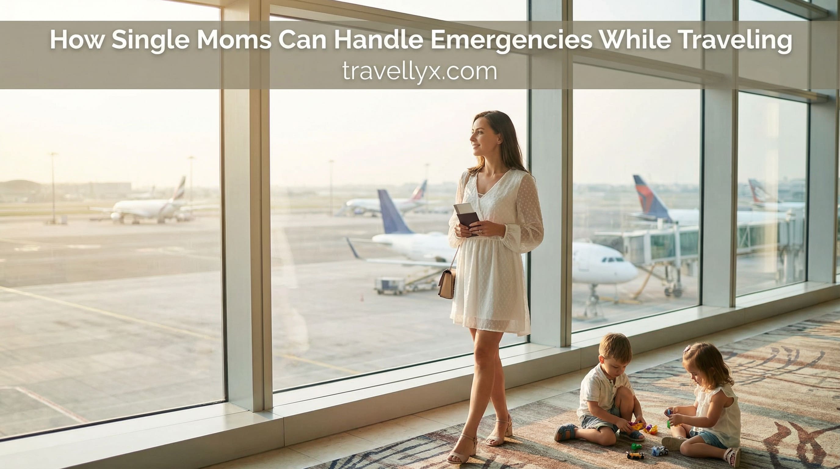 Single mother traveling with kids at an airport, highlighting safety, preparedness, and emergency planning.